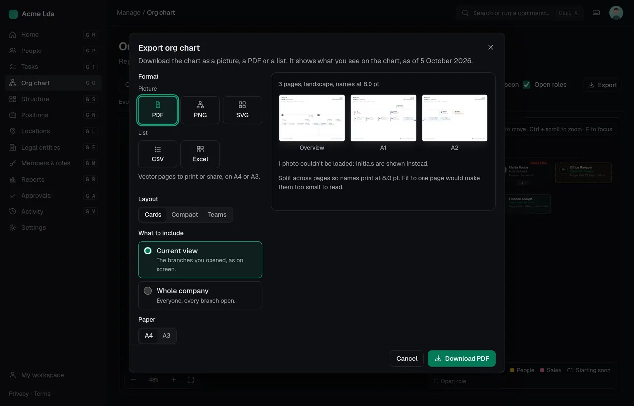 Exporting the org chart: format, layout and paper size, with a preview