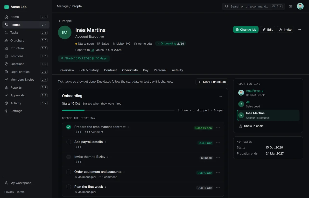 An onboarding checklist on a person’s page, with owners and due dates