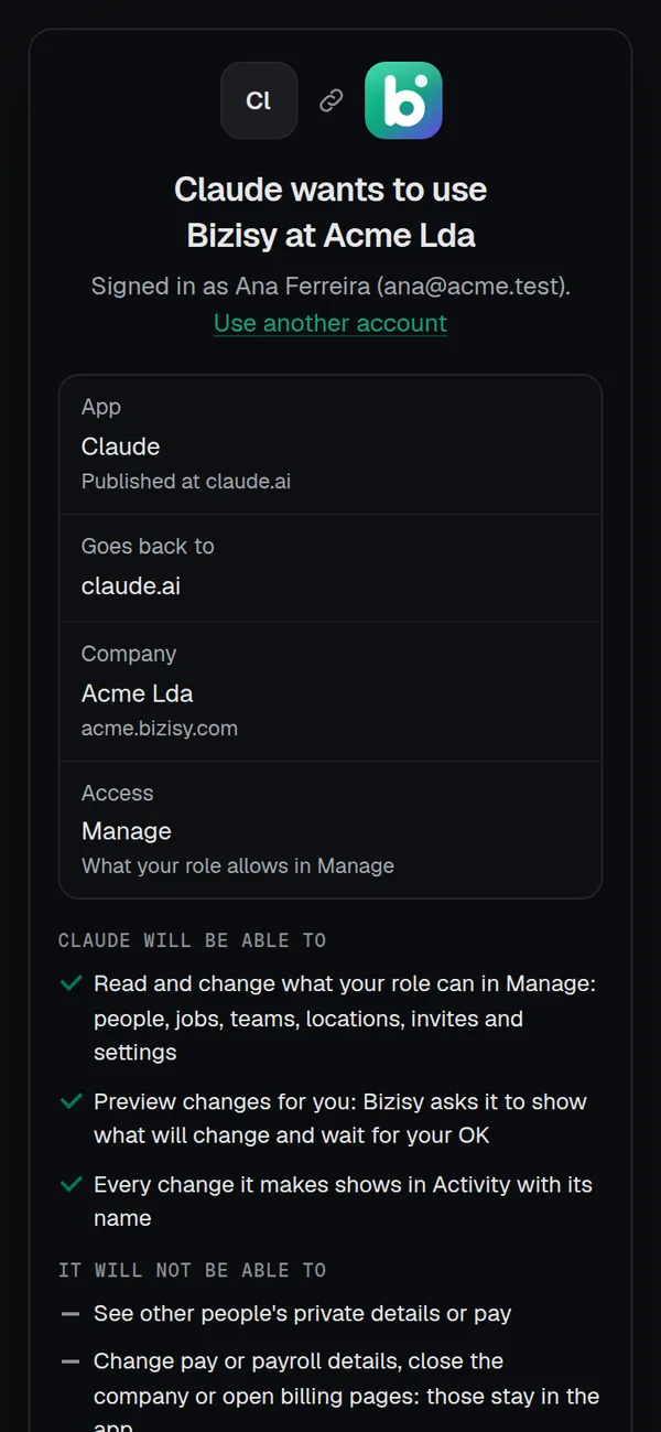 The Allow page: Claude wants to use Bizisy at Acme Lda, with what it will and will not be able to do