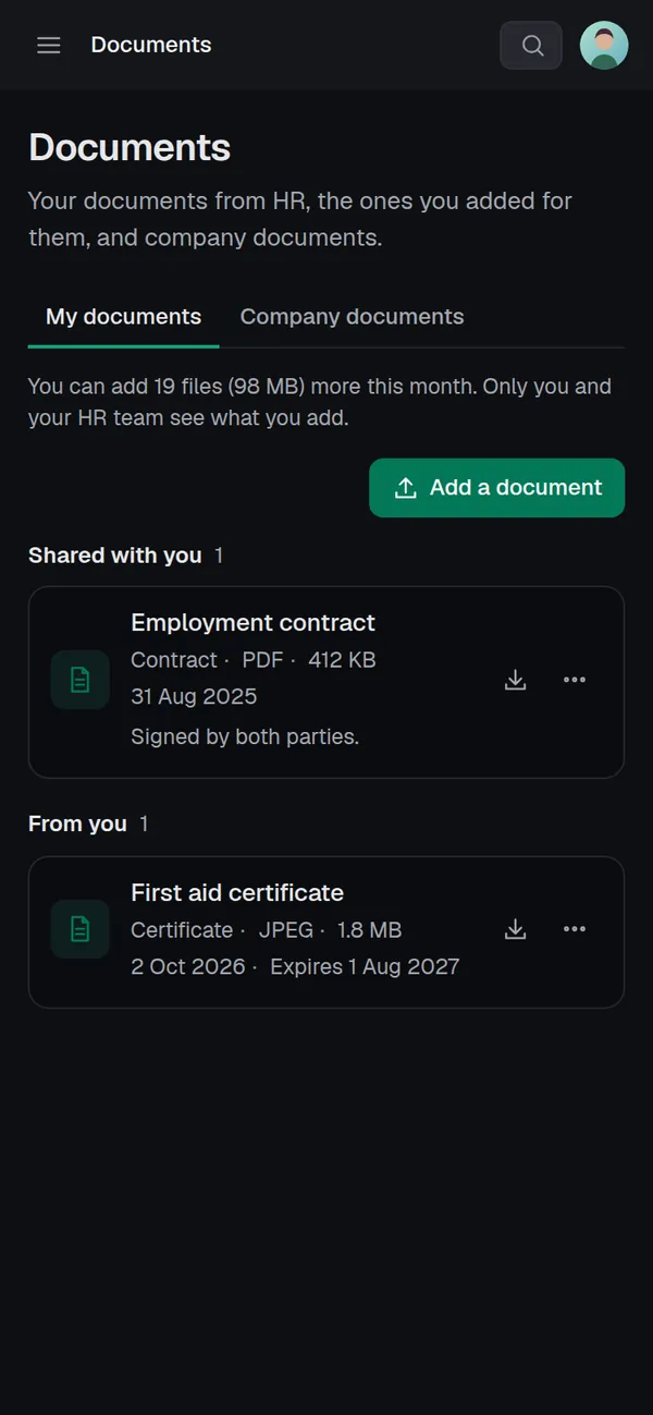 Documents in the employee app on a phone
