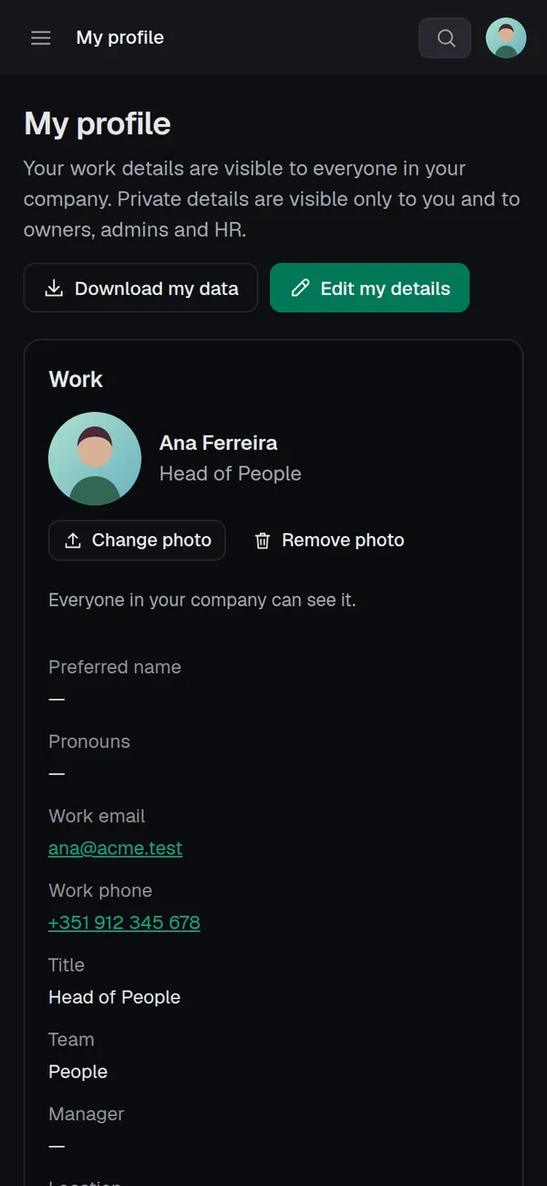 My profile: work and personal details