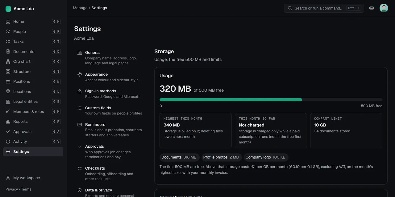 Storage settings: what the company uses and its limit