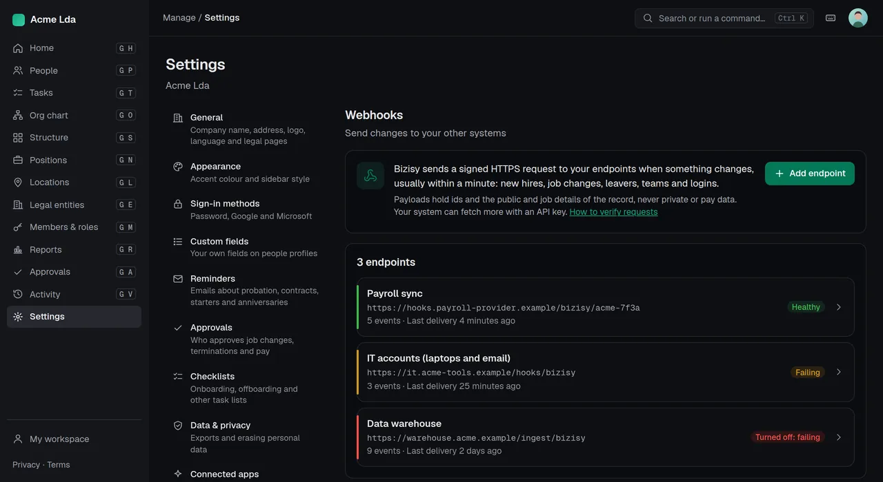 Settings → Webhooks: endpoints with their health and last delivery